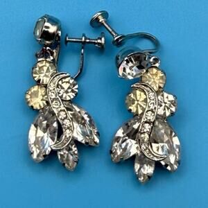 Vintage Rhinestone Screw-Back Earrings • Clear & Pale Yellow • 1.75” Mid-Century